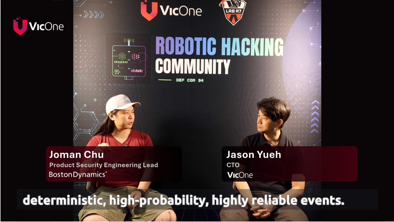 Joman Chu of Boston Dynamics and Jason Yueh of VicOne speaking during their fireside conversation at the Robotic Hacking Community at DEF CON 34